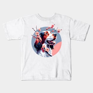 Joyful English Setter with Spring Cherry Blossoms Kids T-Shirt